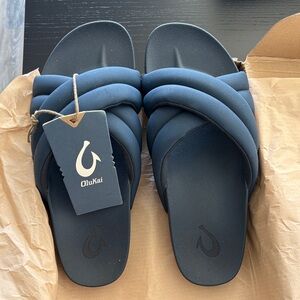OluKai Navy Padded Crisscross Slide Sandals